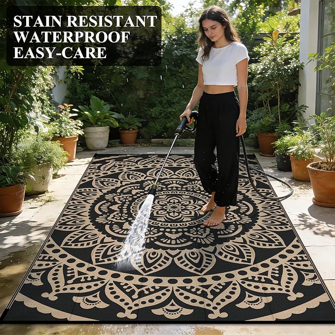 Bsmathom Waterproof Outdoor Rug, 5'x8', Black | Reversible, Boho Plastic Straw, Portable RV Mat, For Patio, Deck, Camping, Porch, Balcony, Backyard, Beach, Pool