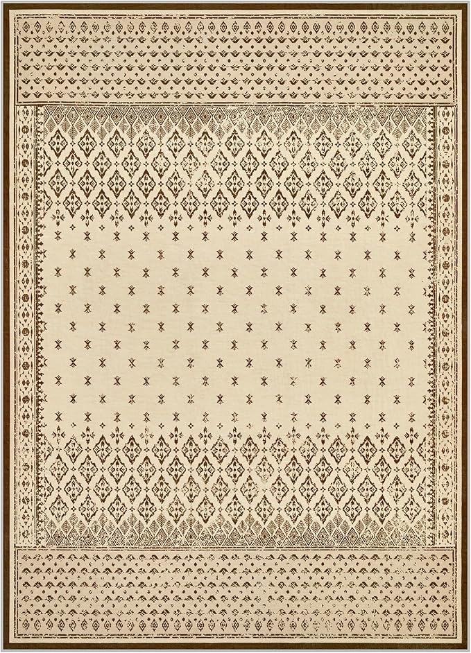 Joydeco Living Room Area Rug 6x9, Geometric Washable Rugs for Bedroom | Vintage Boho Non Slip Low Pile Soft Ultra Thin Distress Indoor Throw Floor Carpet for Dining Room Home Office Farmhouse Beige