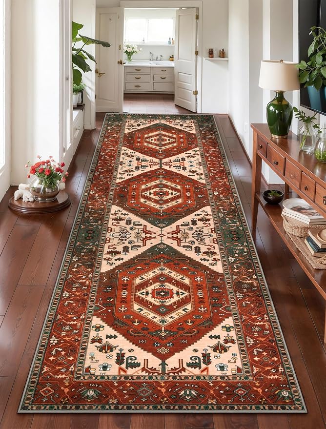 SERISSA 2'6"x8' Washable Non Slip Boho Runner Rug for Hallway | Ultra Soft Vintage Oriental Carpet Low-Pile Terracotta Green Floor Carpet for Kitchen Bedroom Bathroom Laundry Room