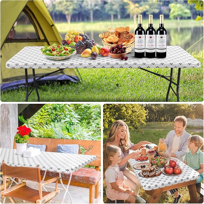 misaya 2 Pack Rectangle Vinyl Table Cloth, Elastic Fitted Tablecloth with Flannel Backing, Waterproof Plastic Table Cover Fits 8 Foot Folding Tables for Picnic, Camping and Outdoor (White, 30" x 96")