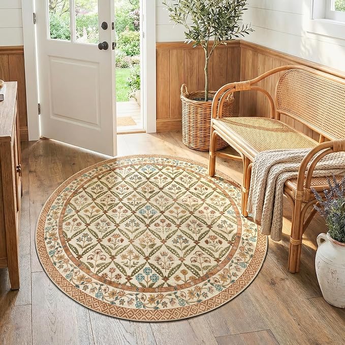 jinchan Round Rug 5ft Vintage Floral Washable Circle Area Rug, Terracotta | Soft & Lightweight, Checkered Floral, Low Pile, Non Slip, Bedroom, Living Room, Entryway, Girls Room, Reading Nook