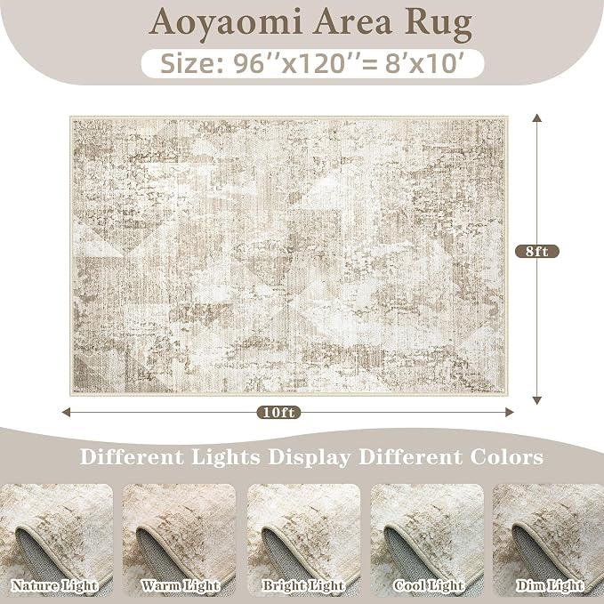 Area Rug Living Room Rugs 8x10 - Large Soft Boho Geometric Rug, Non-Slip Foldable Washable Rugs Non Shedding Morden Indoor Floor Carpet for Living Bedroom Office Dining Room(Neutral Beige, 8'x10')