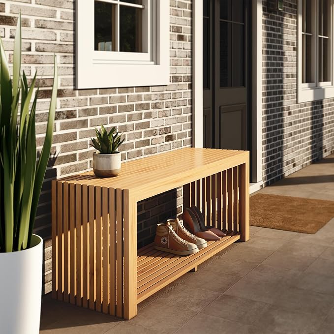 Bamboo Bench with Shelf, 35'' Entryway Bench Seat, Natural | Shoe Bench for Entryway, Hallway, Doorway, Modern Benches for End of Bed Bench, Low Bench for Window