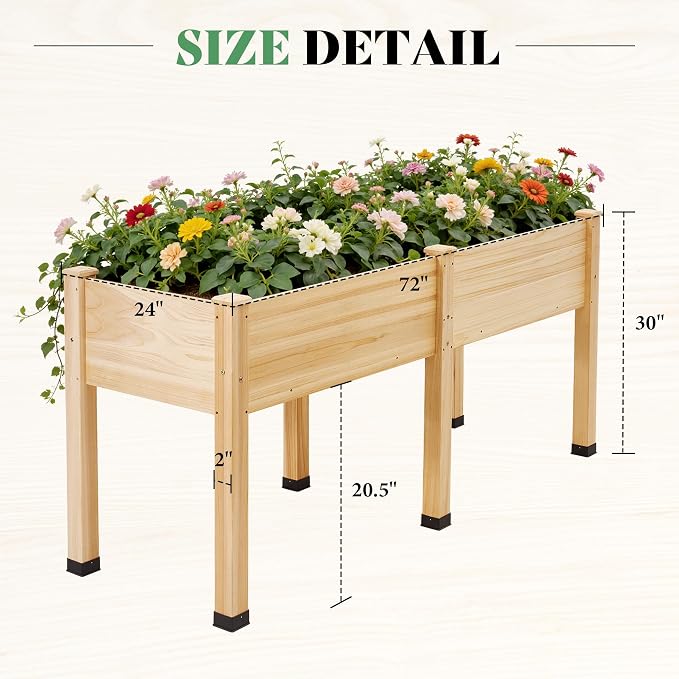 AMERLIFE Raised Garden Bed, 72x24x30 Inches Elevated Wood Planter Box with Bed Liner, Legs, Divider, Drainage Holes, Stand for Backyard, Patio, 350 Lb Capacity - Light Wood