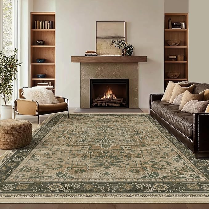 Vintage Distressed 8x10 Rugs for Living Room Bedroom, Washable Non Slip Dining Room Rugs for Under Table, Low Pile Thin Soft Carpet Moody Medallion Pattern Printed, Multi Brown/Olive Green