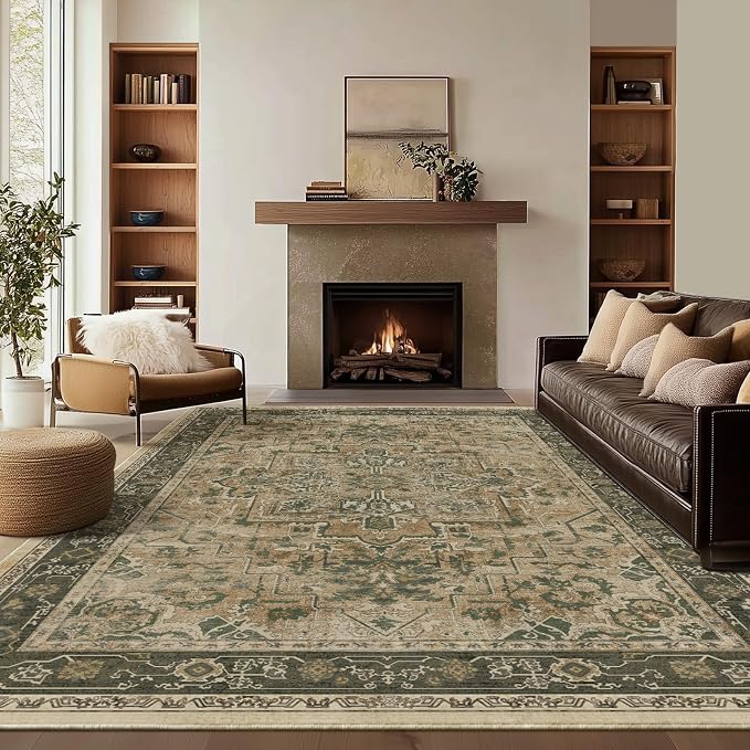 Large Vintage Area Rugs 9x12 for Living Room, Distressed Medallion Printed Big Carpet Rugs for Bedroom, Washable Non Slip Low Pile Thin Rugs for Dining Room, Multi Brown/Olive Green