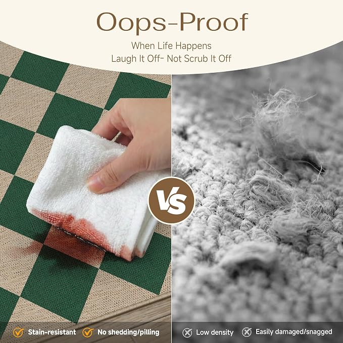 PureCozy 8x10 Checkered Easy Jute Area Rug for Living Room Large Checkerboard Washable Indoor Outdoor Carpet Farmhouse Patio Office Mat Geometric Non Slip Green Carpet for Backyard Dining Room