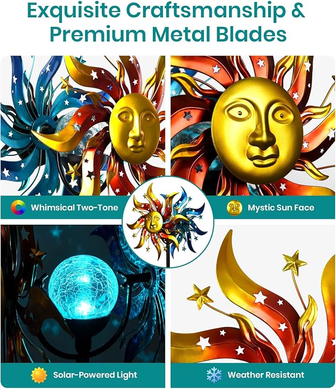 Solar Wind Spinner Metal Sun God Kinetic LED Garden Yard Art Decor | Hand-Crafted Art, Mythic sun god metal spinner, Auto-glow solar crackle ball, Stable 5-prong stake