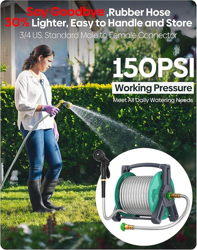 BlueGarden Metal Garden Hose 25 ft with 10 Function Nozzle,No Kinking,Flexible,Heavy Duty & Lightweight Water Pipe,Stainless Steel Outdoor Water Hose for Yard and Lawn,Non-Expandable 25 feet