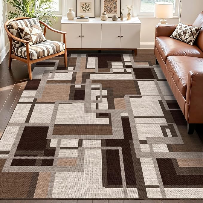 Pionblank Modern Geometric Area Rugs for Bedroom, Coffee Brown 4x6 Rug | Mocha Brown Chocolate Patchwork Carpet for Living Room Dining Room Office | Soft Low-Pile Floor Rug | Abstract| Non-Slip