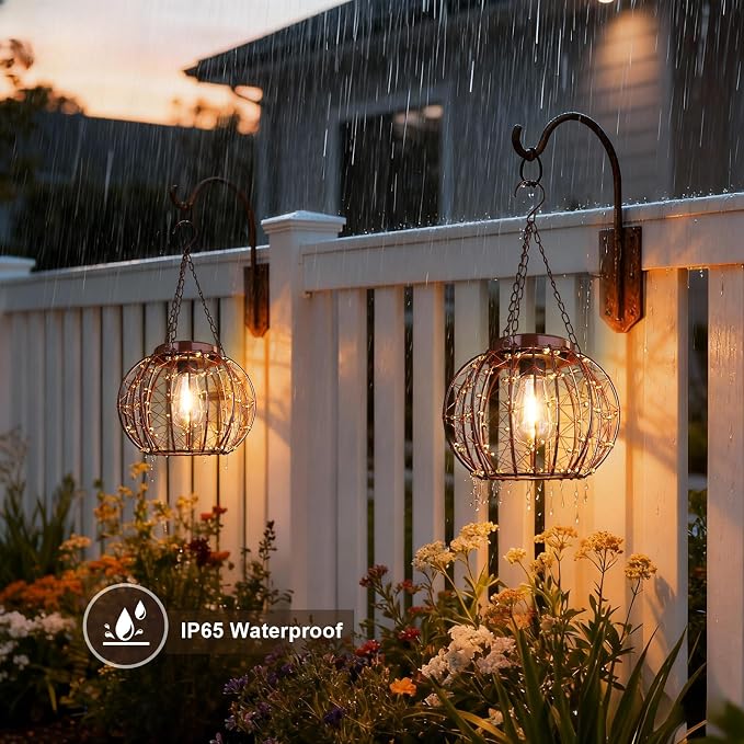 Hanging Solar Lanterns Outdoor Waterproof, Vintage Copper Hanging Lights, Solar Chandelier for Yard Garden Gazebo Pergola Porch Decor, 2 Pack