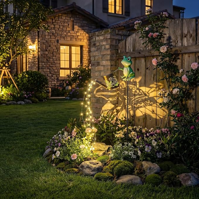 Solar Frog Garden Watering Can with Light, Outdoor Frog Ornament—A Gardening Gift for Women, Decor for Outdoor Patios, Yards, and Lawn Paths