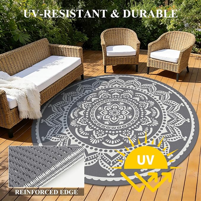 Bsmathom Waterproof Outdoor Rug 6ft Round Reversible Boho Plastic Straw Patio Deck Camping Rugs, Indoor Outdoor Portable RV Mat Carpet for Outside, Porch, Balcony, Backyard, Beach, Pool,Grey