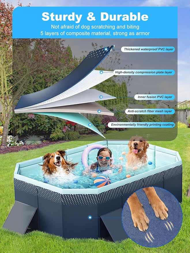 Large Foldable Swimming Kiddie Pool 83"x 55"x 22",Hard Plastic Square Pool for Kids & Dogs, Reinforced Sidewalls for Backyard Use (Blue,83")