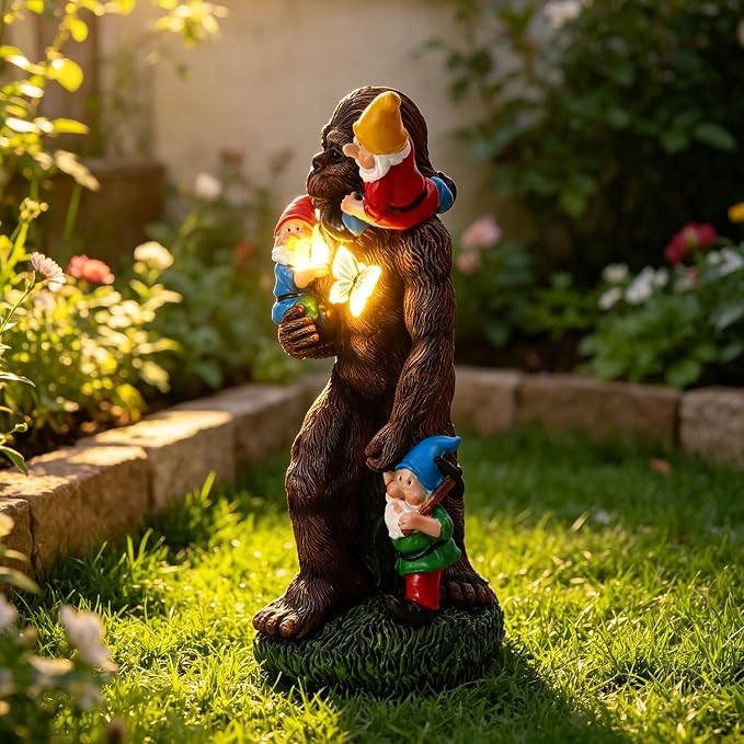13Inch Gorilla Statue Bigfoot Holding Dwarf Sculpture with Butterfly Garden Accessories Decorative Gifts for Father's Day Bigfoot and Gnomes for Fairy Garden