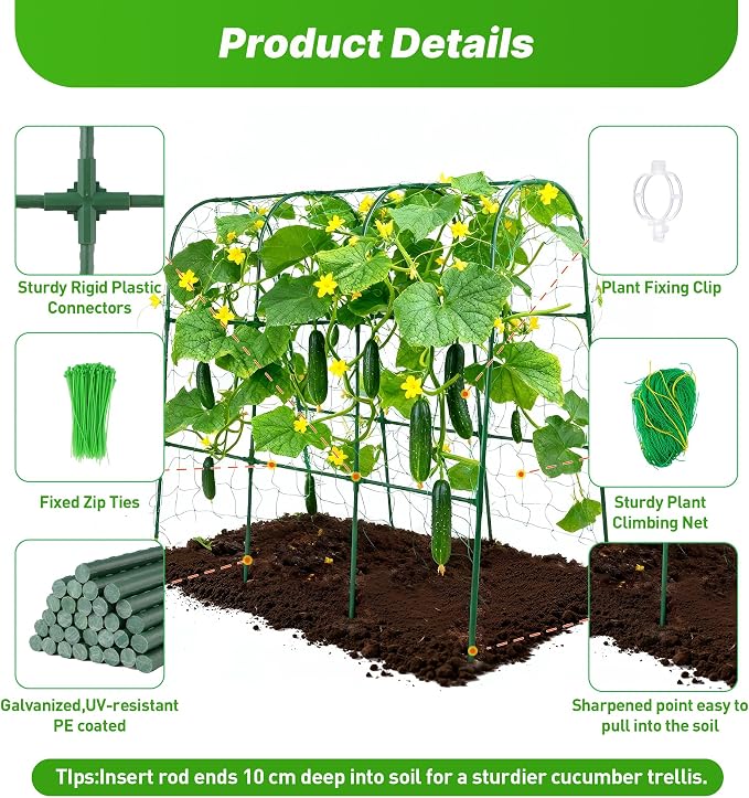 63''X47.2''Cucumber Trellis, Garden Trellis U-Shape Plant Support for Climbing Plants Metel Arch with Netting for Raised Garden Bed Outdoor Cucumbers, Tomatoes, Vine Climbing Plant
