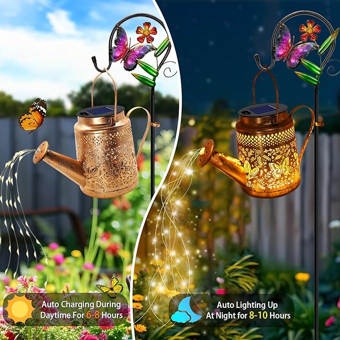 2 Pack Big Solar Butterfly Watering Can Lights, Gift For Mom Grandma Women Wife Daughter Mother's Day, Waterproof Outdoor Decor Light With Shepherd Hook, Hanging lantern Light For Yard Garden Backyard