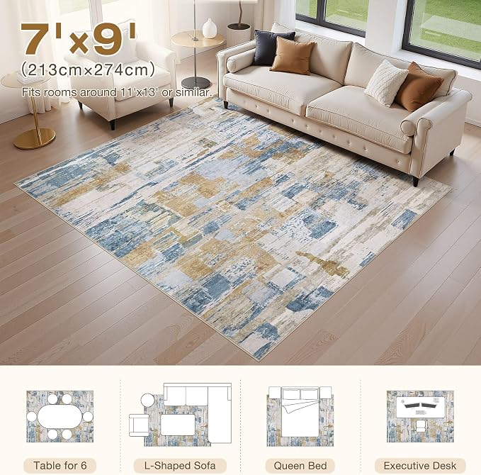 kakania Abstract 7x9 Area Rugs for Living Room: Washable Rugs Blue | Soft, Non-Slip, Low-Pile, Pet & Kid Friendly - Modern Home Decor Carpet for Bedroom/Dining Room/Office/Nursery