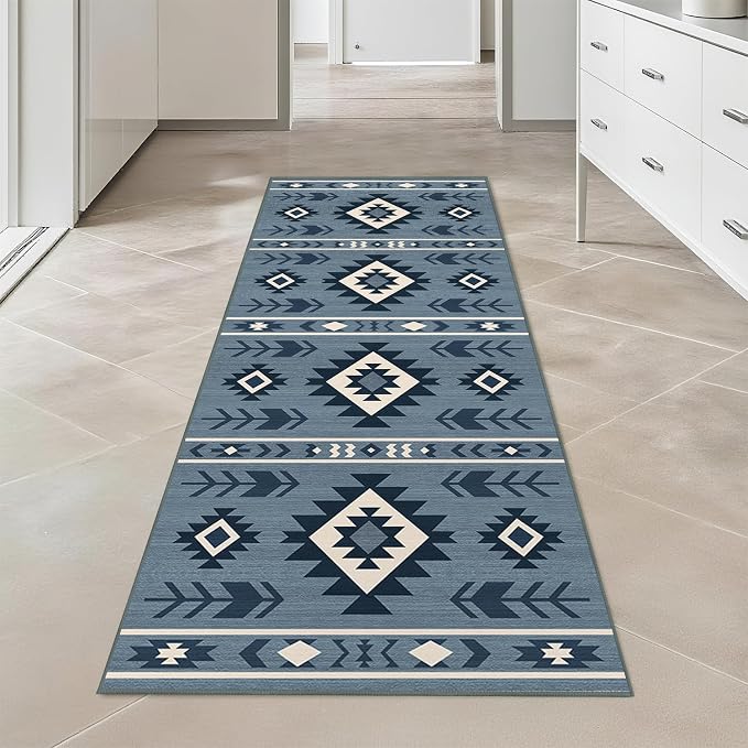 Western Runner Rug 2x6 for Hallway Kitchen Bedroom, Southwestern Aztec Tribal Runner Rugs Southwest Navajo Machine Washable Rug Non-Slip Printed Low-Pile Floor Carpet Mat for Living Room, Blue