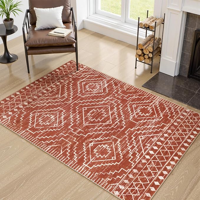 Wonnitar Moroccan Washable Area Rug, 3x5 Non-Slip Rugs for Living Room, Geometric Tribal Kitchen Entry Throw Mat, Soft Low Pile Non-Shedding Carpet for Bedroom Apartment Dorm (Brown,3'x5')