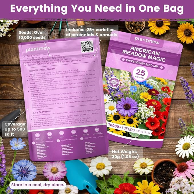Wildflower Seeds Bulk Mix - 10,000+ Perennial & Annual Seeds - Texas, California & Florida Native Wildflower Seeds for Hummingbirds, Butterflies, & Cut Flowers - Cosmos, Throw and Grow