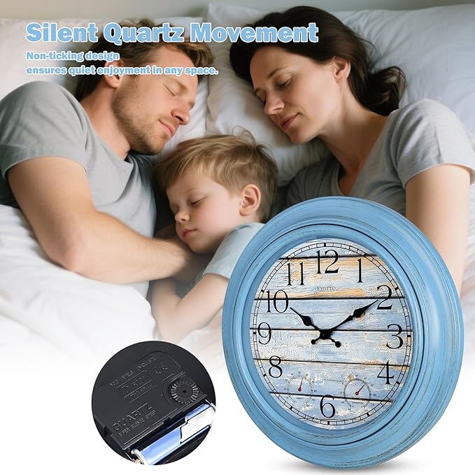 eYotto 18 Inch Large Indoor Outdoor Wall Clock Waterproof with Temperature and Humidity Display, Battery Operated Silent Non-Ticking for Garden,Pool, Patio,Porch,Bathroom,Beach House Decorative