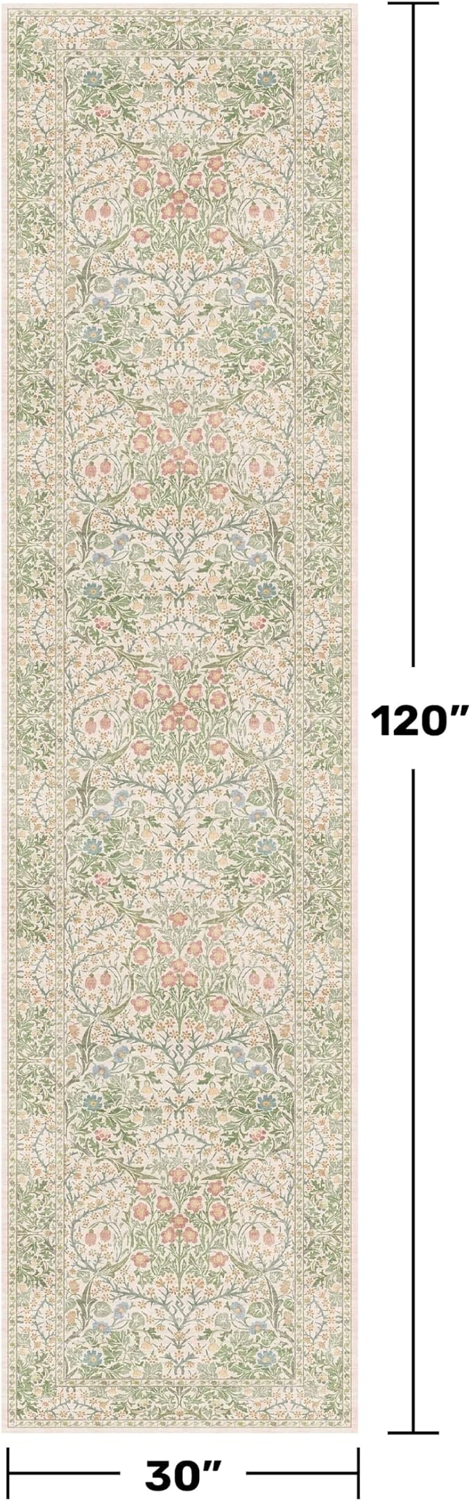 Beige Green 2'6" x 10' Runners for Wide Hallways Non Slip, Extra Long 10ft Floor Runner for Kitchen, Entryway Indoor, Washable Rubber Backing Stain Resistant - Vintage Floral Décor