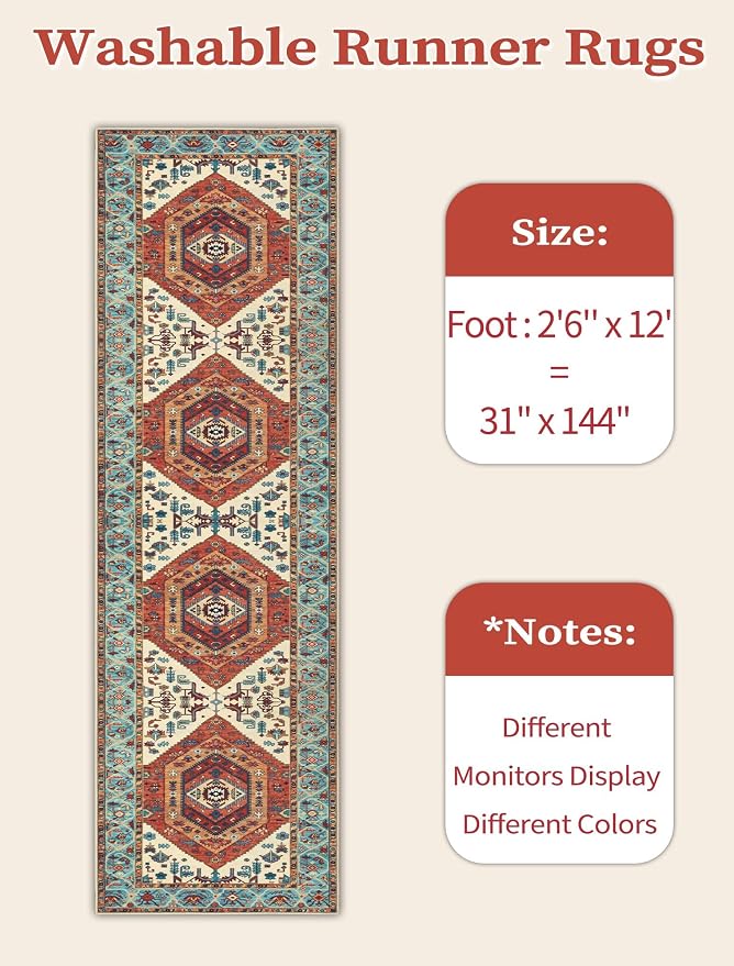 SERISSA 2'6"x12' Washable Non Slip Boho Runner Rug for Hallway，Orange | Ultra Soft Vintage Oriental Carpet Low-Pile Tribal Floor Carpet for Kitchen Bedroom Entryway Bathroom Laundry Room