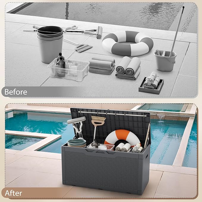 Devoko 100 Gallon Deck Box, Waterproof Resin Outdoor Storage Box with Cushion for Outside and Patio, Large Outdoor Storage Bench Cabinet Lockable for Patio Furniture and Garden Tools (Gray)