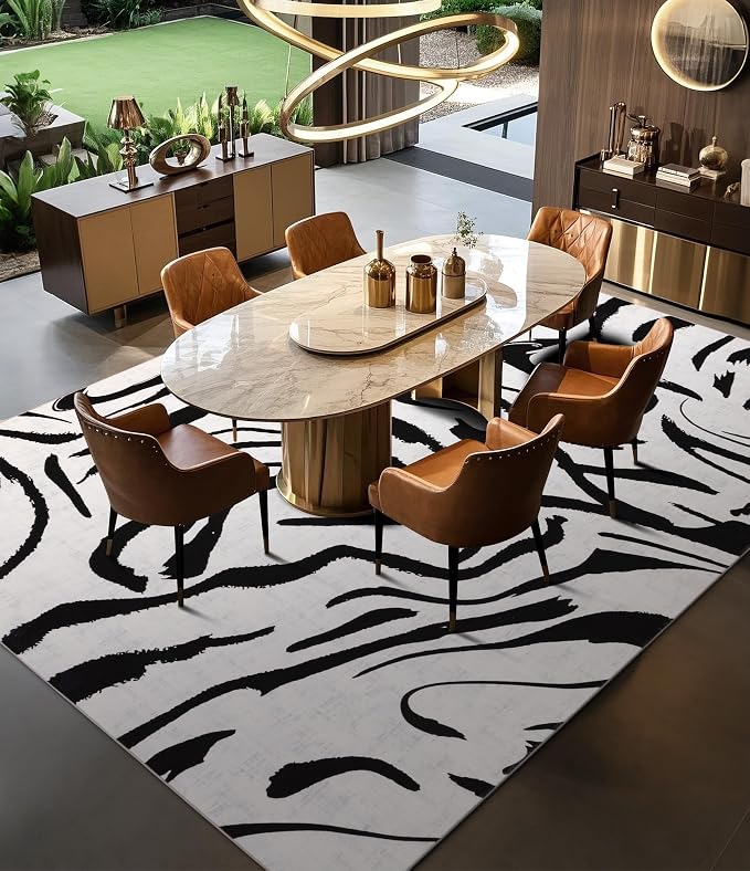 Modern Rugs 6x9, Washable Black and White Area Rug, Thin Abstract Geometric Minimalist Striped Rug, Black Rugs for Living Room,Bedroom,Kitchen,Dining Room,Office