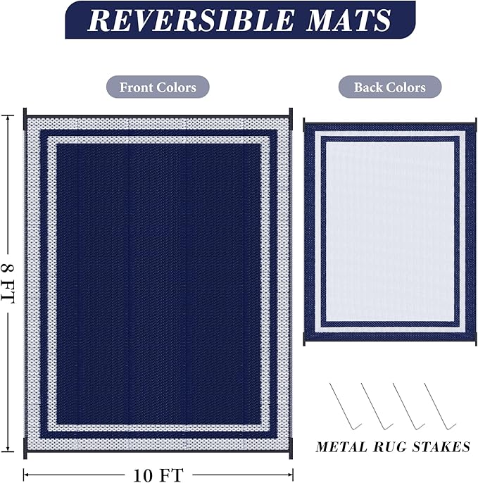 KMAT Outdoor Rug, Waterproof Reversible Patio Rugs, 8x10ft Large Outdoor Area Rug Foldable Plastic Camping Rugs for Outside RV, Patio,Picnic,Camper,Balcony,Porch (Blue &White)
