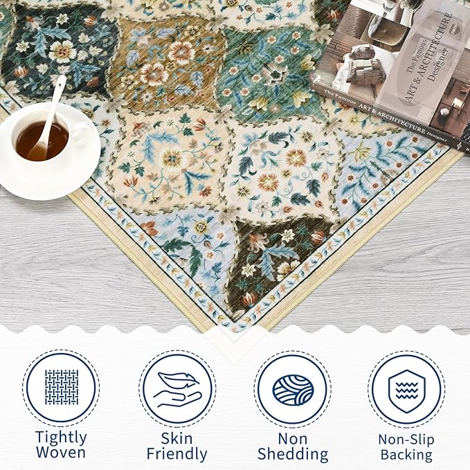ROYHOME Area Rug - 5x7 Trellis Non-Slip Machine Washable Rug | Vintage Distressed Floral Carpet Stain Resistant Accent Rug Farmhouse Floor Cover for Dining Bedroom Decor, Beige/Taupe