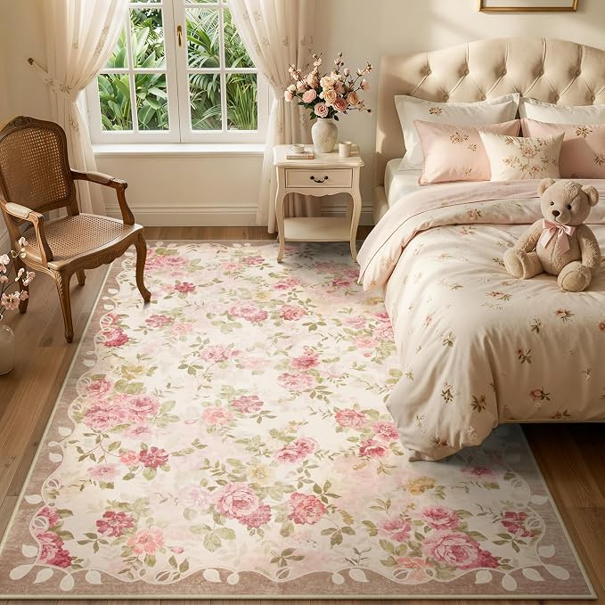 Lahome Washable Area Rug 6x9,Nursery Rug Girl Pink Dorm Rug | Vintage Girls Rugs for Bedroom Ultra-Thin Non Slip Carpet for Playroom Closet Dorm Room Decor Nina (6'X9',Beige)