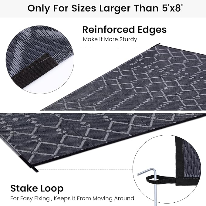 Smiry Outdoor Rug 8x10 ft, Waterproof Reversible Plastic Straw Rugs, Boho Outdoor Area Rug, Outside Floor Mat for Patio, Backyard, Deck, Picnic, Beach, Camping, Dark Grey