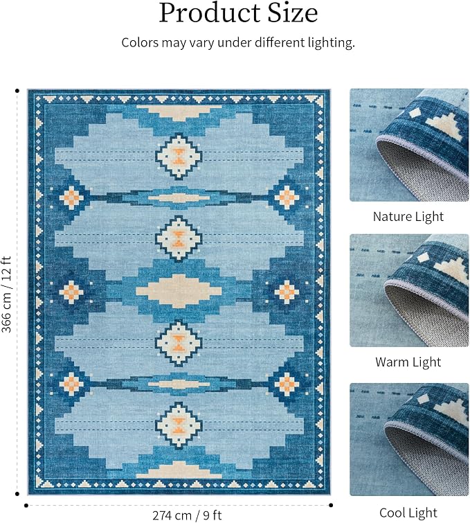 9'x12' Washable Large Area Rug for Living Room, Blue Mid Century Modern Rug | Soft, Non-Slip, Coastal Aztec Geometric Design, for Bedroom Dining Nursery Room Playroom, Low Pile, Pet Friendly