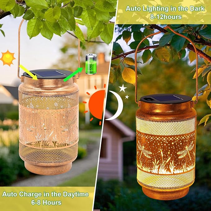 2 Pack Dragonfly Solar Lanterns Outdoor Waterproof Solar Garden Decor, Birthday Gifts for Women Mom Grandma, Metal Hanging Lights with Shepherd Hook for Outside Yard Patio Pathway Porch