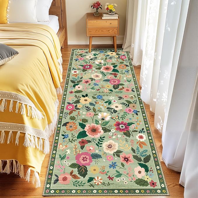 Floral Washable 2x6 Area Rugs Runner Entryway Hallway LightGreen | Flower Carpet, Print, Boho, Non-Slip, Easy to Clean, Low Pile, Soft, for Living Room Bedroom Kitchen Office Entrance