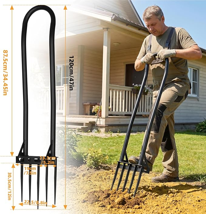 Garden BroadFork,5 Tines Heavy Duty Metal Pitchfork Hand Tiller,Integrated Potato Fork with Ergonomic U-Shaped Handle,Spading Digging Fork for Gardening,Cultivating (47" Heavy Duty BroadFork-HS)