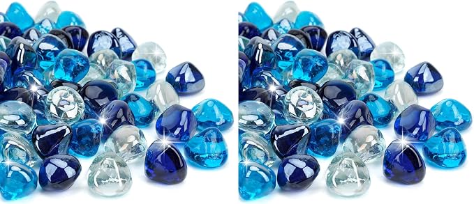 Mr. Fireglass 10 Pounds Blended Fire Glass Diamonds for Fireplace Fire Pit & Lanscaping - 1 inch High Luster Fire Rocks with Mixed Colors (Cobalt Blue++Crystal Ice+Caribbean Blue) (Pack of 2)