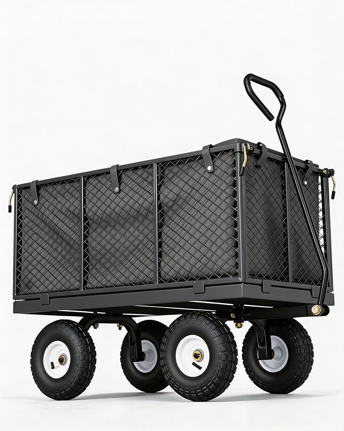 GarveeTech 800LBS Heavy Duty Steel Garden Cart, Garden Wagon Cart on Wheels, Metal Yard Utility Wagon with Removable Mesh Sides, 10" All Terrain Tires, 180° Rotating Handle for Lawn, Garden, Farm