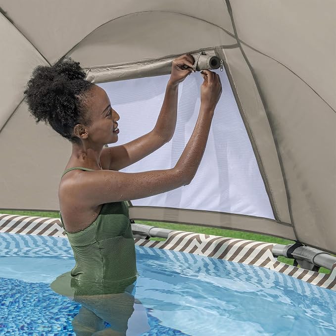 Bestway Steel Pro MAX 13' x 42" Above Ground Swimming Pool Set with Pump | Durable Round Metal Frame Outdoor Backyard Pool, Puncture-Resistant Liner - Canopy, Ladder, and Cover Included, Taupe