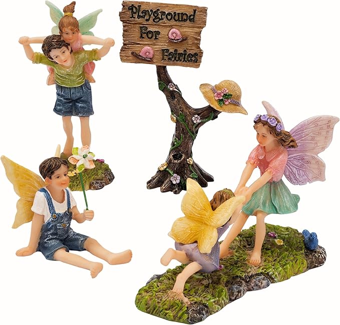 PRETMANNS Fairy Garden Accessories Kit with Fairy Figurines - Outdoor Indoor Miniature Garden Fairies Set - Hand Painted Garden Fairy Figures for Fairy Village - 4 Piece Playground