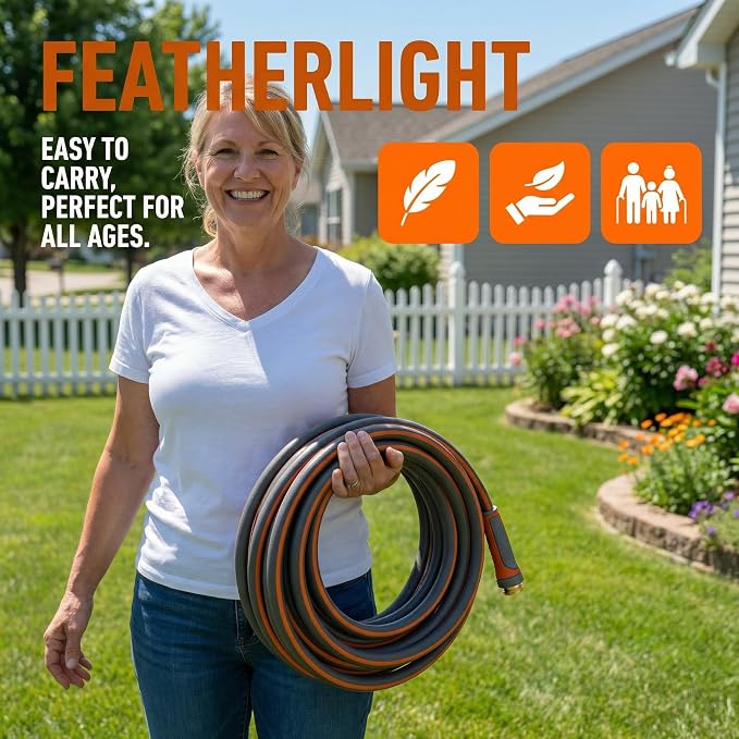 PremiumPro 25FT 5/8" Heavy Duty Reinforced Garden Hose, Large Flow,600 PSI Burst Pressure, Four Layer Hybrid Polymer Anti Kink with 360 Swivel Brass Connectors and handle for yard,washing & irrigation