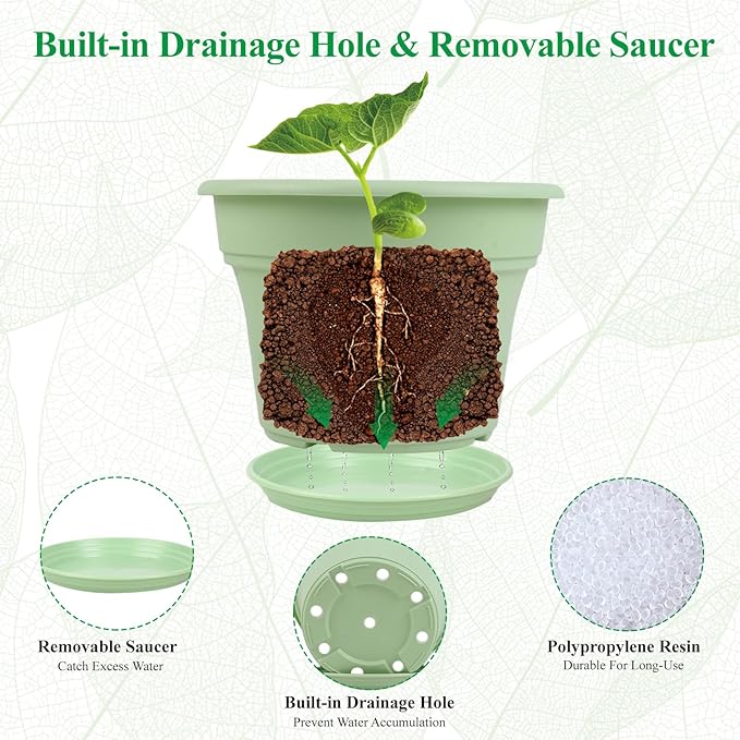 Pottiffe 10 Inch Plastic-Flower-Pot-for-Indoor-Plants, 4 Pack Large Outdoor Planter Pot with Drainage Holes & Saucers, Resin Decorative Garden Pots Planters