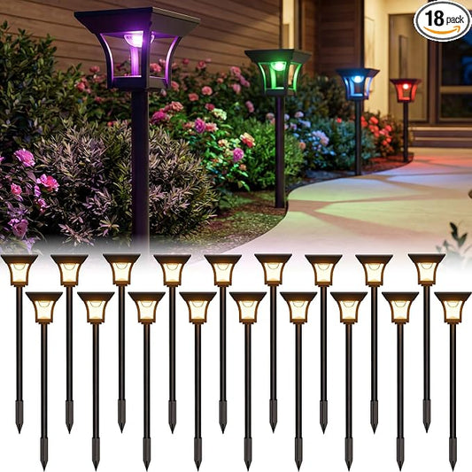 CINOTON 18 Pack RGBCW Solar Pathway Outdoor Lights, 3 Lighting Modes Solar LED Garden Lights, IP65 Waterproof Outside Solar Powered Landscape Lighting for Planter Lawn Pool Balcony RGB/Warm/Cold White