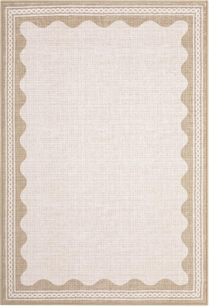 GarveeHome Scalloped Door Mat Indoor Rugs for Entryway Small Rug 2x3 Washable Non-Slip Solid Beige Modern Soft Low-Pile Throw Carpet for Bedroom Kitchen Bathroom Entrance