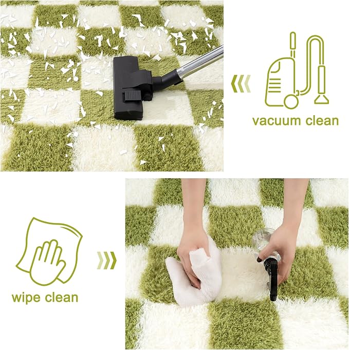 Checkered Rug for Living Room 6x9, Ultra Fluffy Fuzzy Shag Large Area Rug for Bedroom, Modern Plush Soft Upgrade Non-Slip Carpet for Kids Girls and Boys Room Dorm Home Decor, Cream and Green