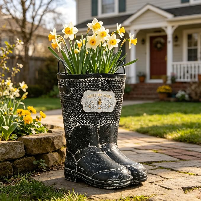 Vintage Metal Planters with Handle Distressed Decor Rustic Farmhouse Flower Pot with Sweet Bee Honey Emblem, Indoor/Outdoor Decorative Plants Buckets for Wedding Home Garden Patio Decor