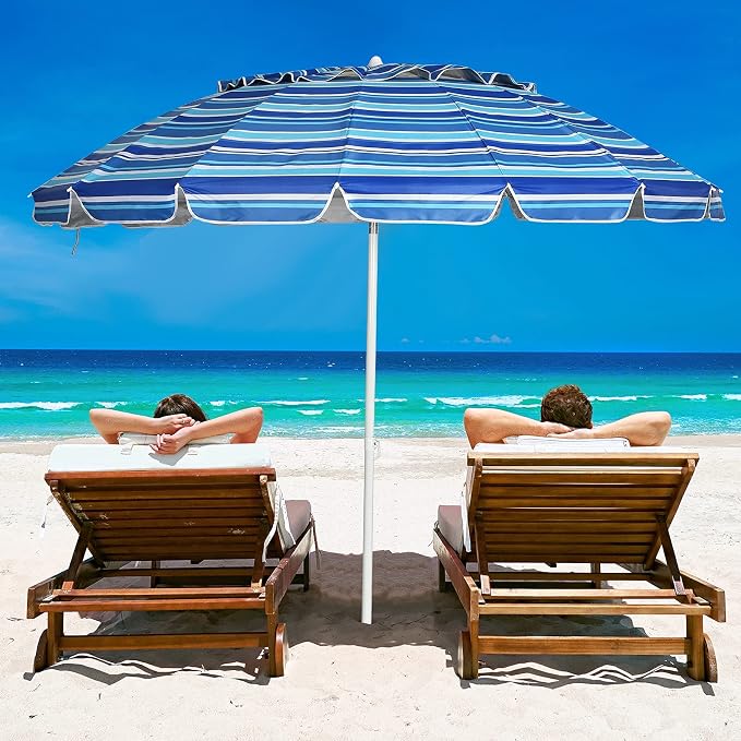 Tangkula 8FT Navy Blue Beach Umbrella, Portable with Sand Anchor, Fade Resistant Canopy, Sturdy Fiberglass Ribs, Outdoor Sunshade Umbrella