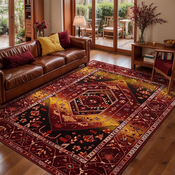 SERISSA 5x7 Washable Non Slip Boho Area Rug for Living Room | Ultra Soft Vintage Oriental Carpet Low-Pile Rustic Red Gold Throw Carpet for Bedroom Dining Room Dorm Office Home Decor